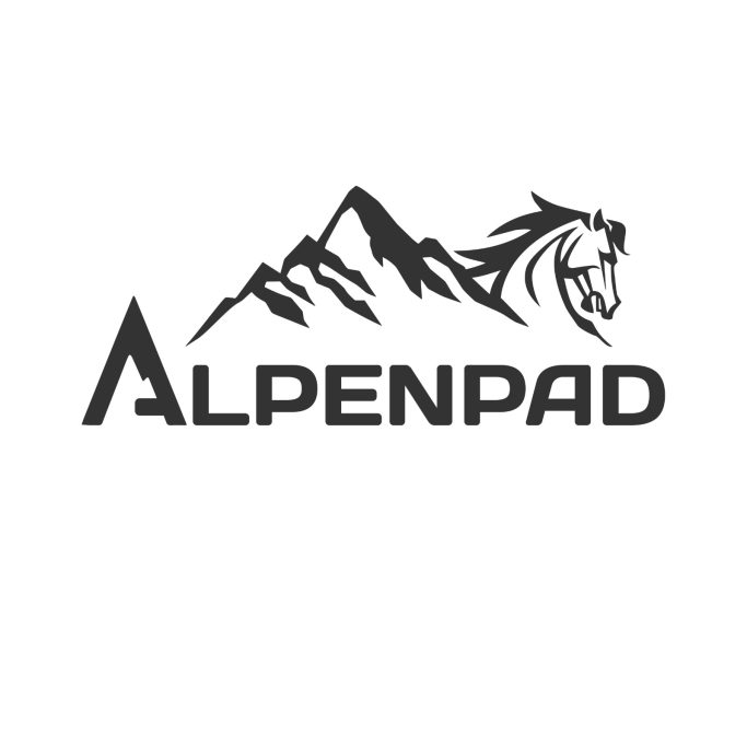 Logo von Alpenpad mit stilisierten Bergen und einem Pferd.